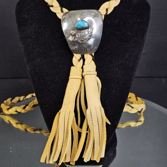 Navajo Turquoise Sterling Silver Bolo Tie With Beaded Leather Native American US - Picture 4 of 15
